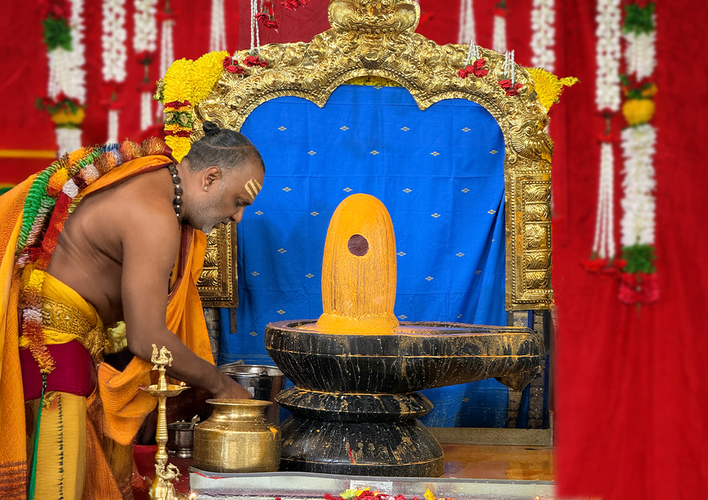 Priest performing turmeric Abhishekam on Shiva Lingam during a special pooja at Hari Hara Kshethram